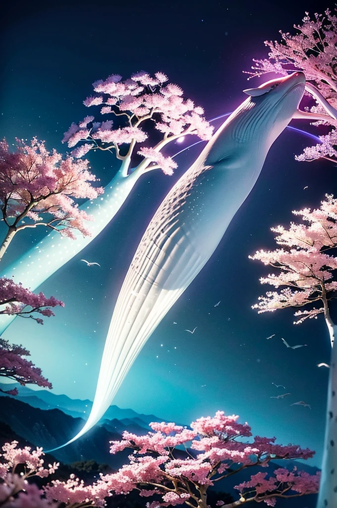 In the realm of whimsical fantasy, a majestic and translucent Whale takes to the skies, defying the very laws of nature. Its colossal form glows with a luminescent radiance, each fluid curve and wrinkle captured in exquisite detail in this high-resolution image. Cherry blossoms drift gently through the air around it, their delicate petals unfurling and cascading like rain, falling freely from the branches of ethereal trees that cling tensely to the wondrous behemoth's humongous body. The fantasy landscape that surrounds this aerial spectacle is alive with vibrant colors, as if illuminated by