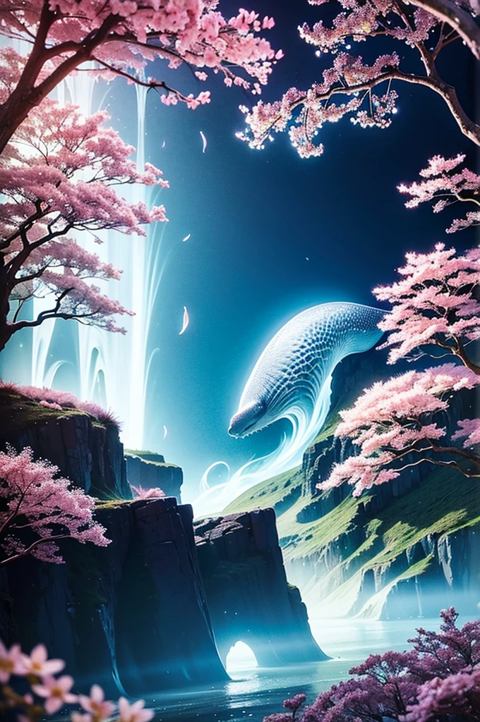 In the realm of whimsical fantasy, a majestic and translucent Whale takes to the skies, defying the very laws of nature. Its colossal form glows with a luminescent radiance, each fluid curve and wrinkle captured in exquisite detail in this high-resolution image. Cherry blossoms drift gently through the air around it, their delicate petals unfurling and cascading like rain, falling freely from the branches of ethereal trees that cling tensely to the wondrous behemoth's humongous body. The fantasy landscape that surrounds this aerial spectacle is alive with vibrant colors, as if illuminated by