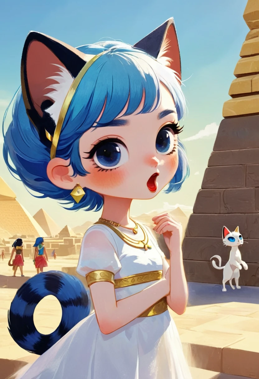 1girl,Artist Name,Egyptian cat,Blue Hair,skin,Keep your mouth shut,Wear,whole body,solo,Standing,猫Tail,Keep your mouth shut,Wear,Looking at the audience,Animal Crossing Furry, Blue Hair, Hair accessories, 黄skin, black eyes, White Dress, Tail, Egyptian Pyramids,mummy,Sunlight,sunny,(masterpiece), ((best quality), Detailed background, masterpiece, best quality, high quality, absurd, The award-winning, professional, Very detailed