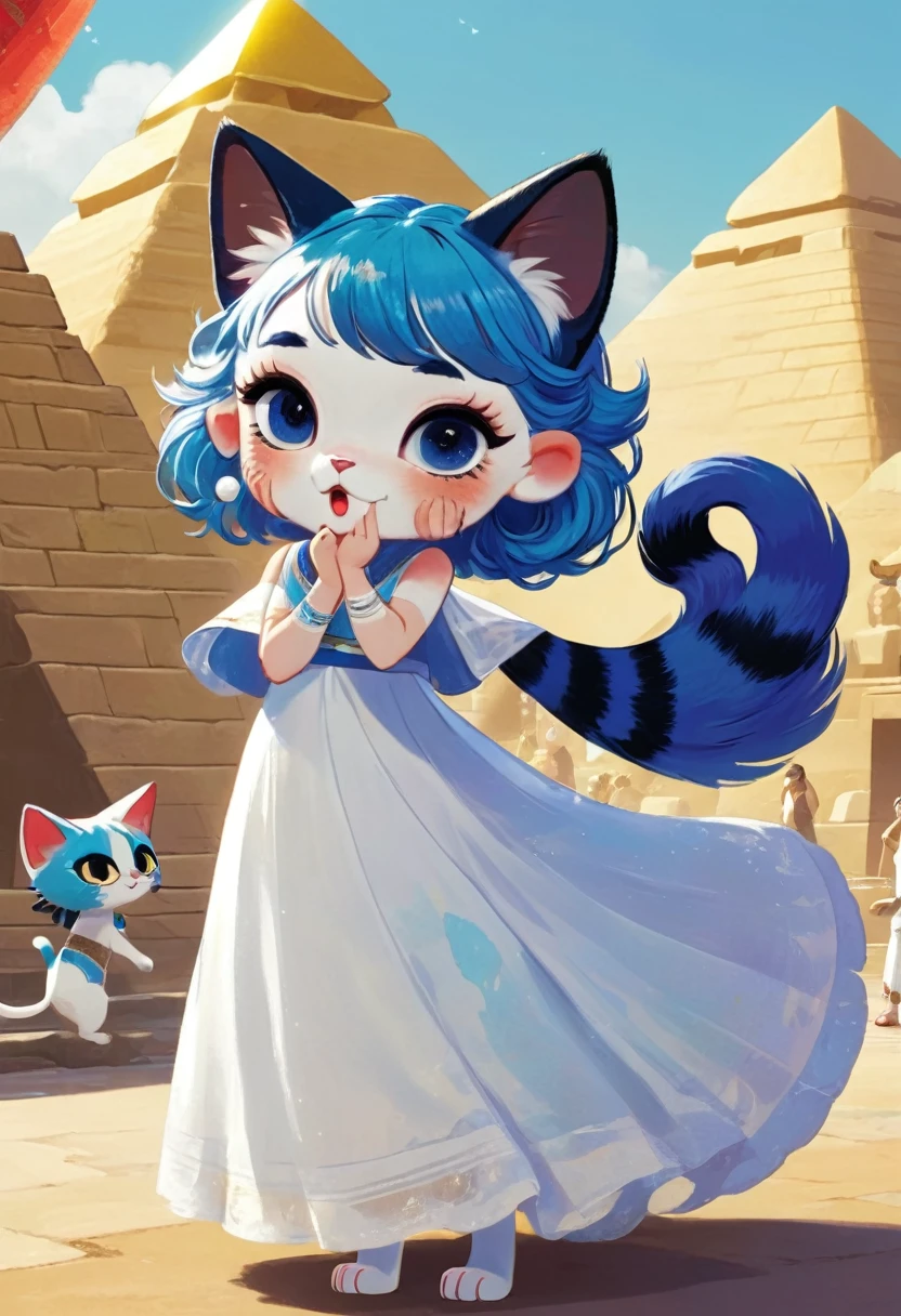 1girl,Artist Name,Egyptian cat,Blue Hair,skin,Keep your mouth shut,Wear,whole body,solo,Standing,猫Tail,Keep your mouth shut,Wear,Looking at the audience,Animal Crossing Furry, Blue Hair, Hair accessories, 黄skin, black eyes, White Dress, Tail, Egyptian Pyramids,mummy,Sunlight,sunny,(masterpiece), ((best quality), Detailed background, masterpiece, best quality, high quality, absurd, The award-winning, professional, Very detailed