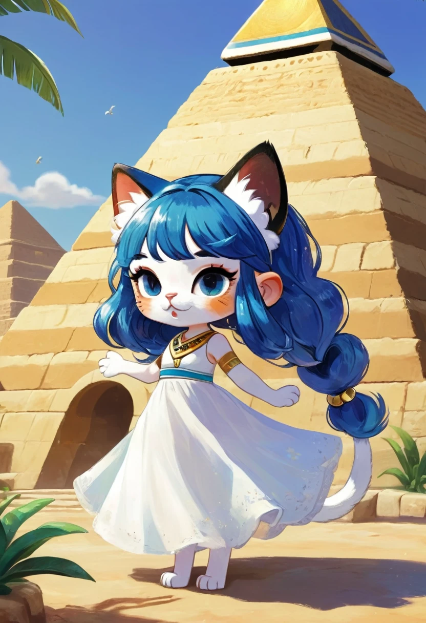 1girl,Artist Name,Egyptian cat,Blue Hair,skin,Keep your mouth shut,Wear,whole body,solo,Standing,猫Tail,Keep your mouth shut,Wear,Looking at the audience,Animal Crossing Furry, Blue Hair, Hair accessories, 黄skin, black eyes, White Dress, Tail, Egyptian Pyramids,mummy,Sunlight,sunny,(masterpiece), ((best quality), Detailed background, masterpiece, best quality, high quality, absurd, The award-winning, professional, Very detailed