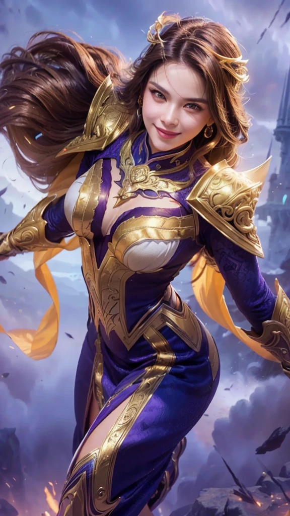 a woman in a purple and gold outfit holding a sword, portrait of modern darna, female protagonist, smile, detailed facial features, high definition, realistic, cinematic lighting, dramatic pose, dynamic action, fantasy, digital art, concept art, 8k, detailed ornate dress, flowing fabrics, intense gaze, powerful presence, dynamic composition, dramatic lighting, atmospheric background