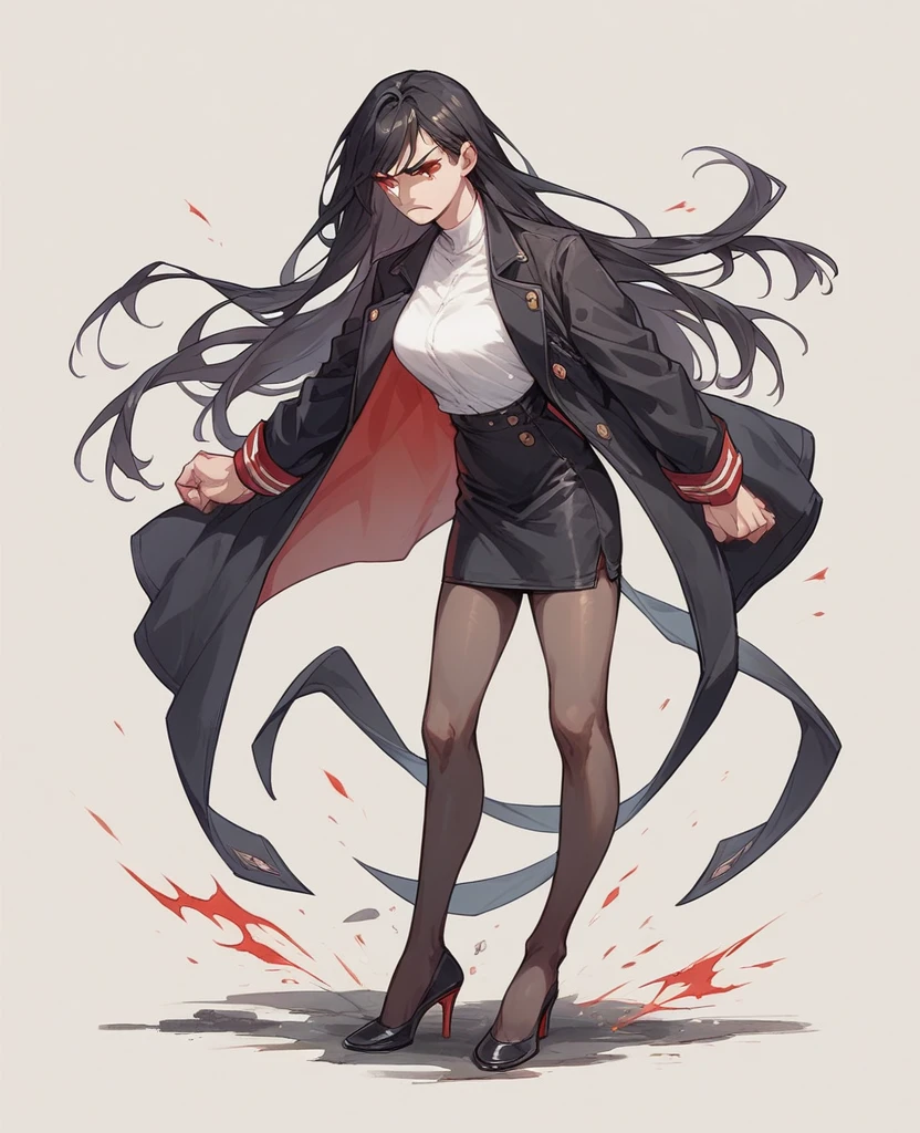 Standing full body, Anime styles female holding in her hands pair of hich heels. black skirt, no shoes on her foot, black hair, Long Hair, career woman, black jacket, dark pantyhose white shirt,red eyes ,angry (full body)