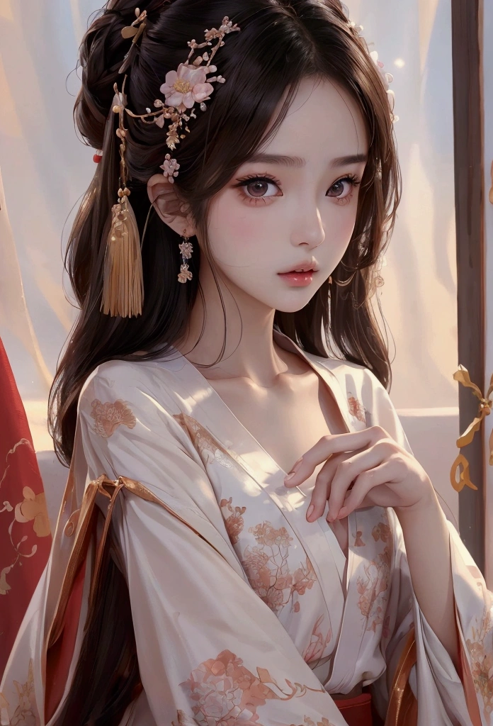 Best image quality、8K、masterpiece:1.3))、Realistic high-quality photos、Highest quality、 Beautiful face、Photos of slim models、Beautiful girl model、Young and pretty face、Beautiful model girl、A lovely and delicate face、Black Hair、Beautiful brown eyes、Young Body、Hanfu, (emphasize)、from the front、Camera gaze,、Anatomically correct、胸の谷間をemphasize、whole body、13-year-old female model