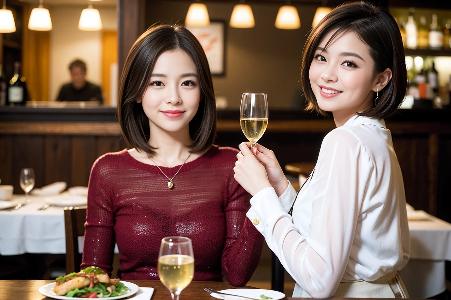 ((Highest quality、8K、masterpiece:1.hortcuts、cute、slimカップル、modelカップル、actress男優、(Realistic, Intricate details:1.2), full-course dinner、Wine Partying view of the sunset sky and clouds、A bright smile、short hair,Bright Face、 (Age 45), 4rs old, red wine 、Appetizers、Italian food、Wine bottle、Champagne、sparkling wine、Two beauties、Brown Hair、Shortcuts、Long sleeve shirt、dress、Beautiful woman 1, (slimな顔), (The body is slim), (Brown Hair), (Shortcuts), cheeks turn a little red,Attractive beauty、restaurant, In a prominent place (From the waist up) Nova Frog Style, actress, model, Upper Body, White wine, slim, wine glass, 中央に置かれたwine glass, smile, (smile: 1.15), Beautiful fine grain, Depth f/2,saturation, High Contrast, Strong light and shadow,Moist Body:1.5、3D texture、Delicate eyes、Brown Hair、The hair is very shiny、