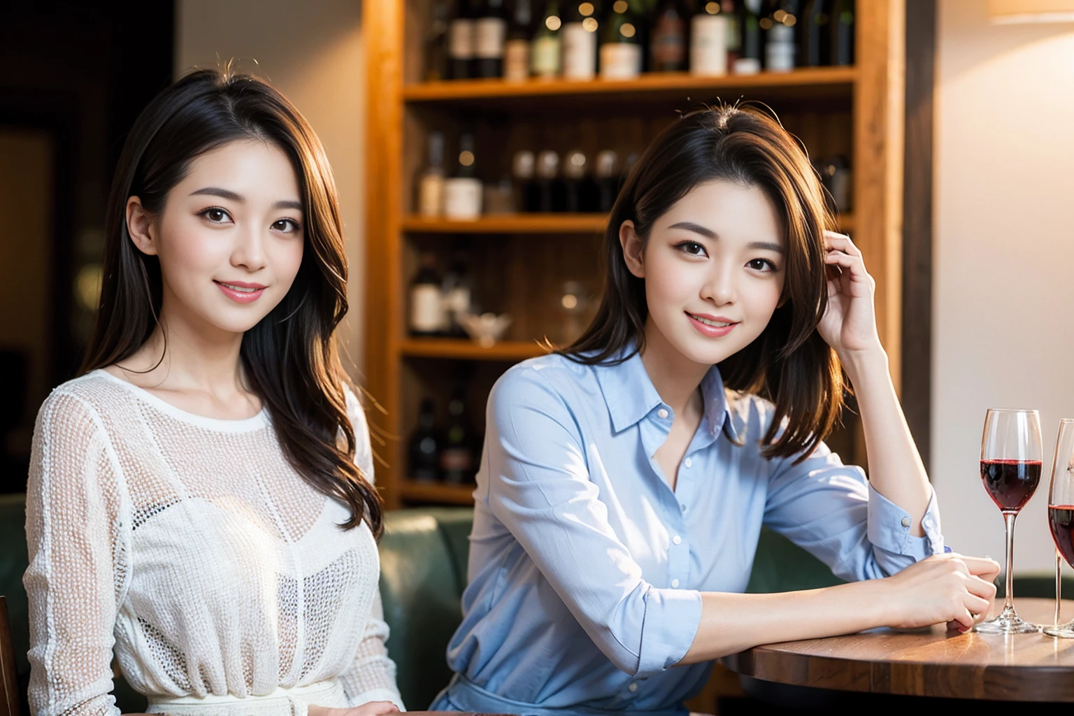 ((Highest quality、8K、masterpiece:1.3))、Shortcuts、cute、slimカップル、modelカップル、actress男優、(Realistic, Intricate details:1.2), full-course dinner、Wine Party、Amazing view of the sunset sky and clouds、A bright smile、short hair,Bright Face、 (Age 45), 42 years old, red wine 、Appetizers、Italian food、Wine bottle、Champagne、sparkling wine、Two beauties、Brown Hair、Shortcuts、Long sleeve shirt、dress、Beautiful woman 1, (slimな顔), (The body is slim), (Brown Hair), (Shortcuts), cheeks turn a little red,Attractive beauty、restaurant, In a prominent place (From the waist up) Nova Frog Style, actress, model, Upper Body, White wine, slim, wine glass, 中央に置かれたwine glass, smile, (smile: 1.15), Beautiful fine grain, Depth f/2,saturation, High Contrast, Strong light and shadow,Moist Body:1.5、3D texture、Delicate eyes、Brown Hair、The hair is very shiny、