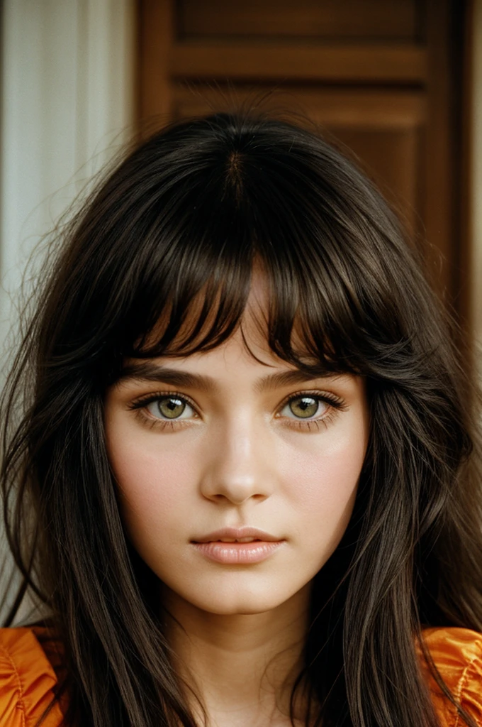 Girl from the 80s, with fringe, long raven hair, eyes the color of honey, clear skin