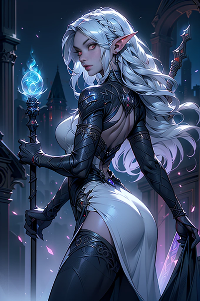 (rear view, backside view),1girl, sexy drow, elfa de peito grande morena skin, pale silver long elaborate braids, ((red eyes)), jewels, elf ears, earrings, ((white sorceress sexy dress)), ((wields staff)), ((cast light magic)), on a roof of scyscraper, athletic, volumetric lighting, best quality, masterpiece, realistic, anatomically correct, (strong cinematic lighting), stunning details, intricate details, 8k post-production, High resolution, super details, trending on ArtStation, sharp focus, depth of field f/1.8, studio photos, (((looking at camera))), ,(Fondo de ruinas de mazmorra en ruinas:1.4 ), (Detalles de la cara: 1.5, ojos azules brillantes, hermoso rostro, ojos bonitos, Contorno del iris, labios delgados: 1.5, Thin, sharp pale eyebrows, Long, dark eyelashes, double tabs),(Obra maestra: 1.4), (8K, realista, foto cruda, La mejor calidad: 1.4),manos perfectas: 1.5