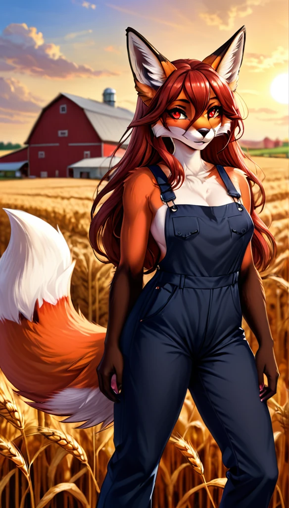 (zPDXL2),  score_9_up, painterly, faux traditional media, realistic, BREAK
1girl, solo, fullbody, (fox:1.2), (long wavy hair, bun hairstyle), glowing red eyes, (ram horns:1.2), (fox ears, fox tail), tanned skin, farmer jumpsuit, wheat farm background, BREAK
AissistXLv2, unaestheticXL_bp5, SimplePositiveXLv2, zPDXL2 PonyXLV6_Scores