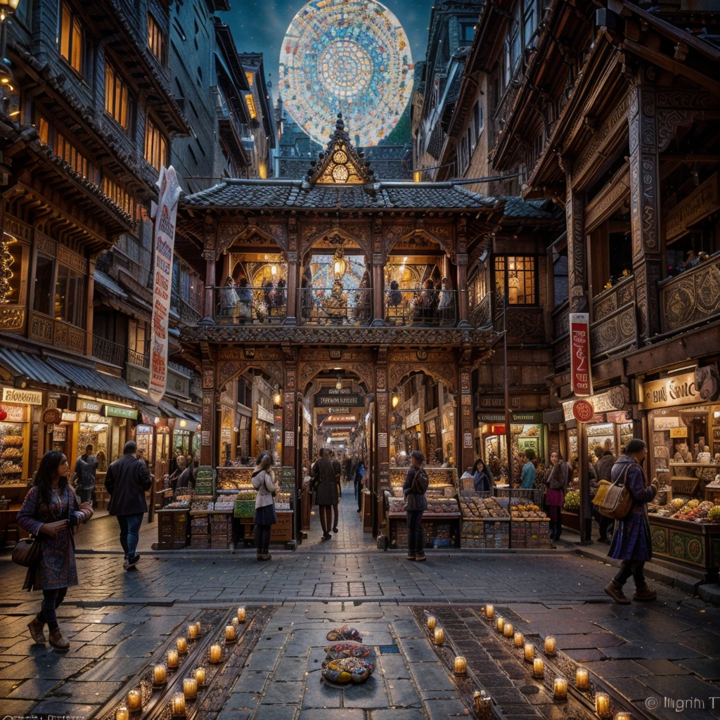 An exquisitely detailed painting of a bustling, fantastical market square at twilight. The scene is filled with a diverse array of unique characters, colorful stalls brimming with exotic goods, and enchanting lights casting a magical glow. The atmosphere is lively and whimsical, with intricate details in every corner, from the cobblestone streets to the ornate architecture."