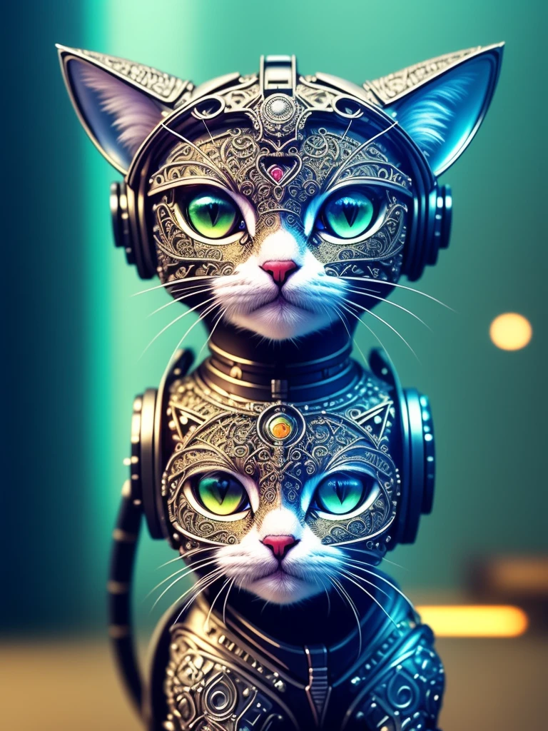 a cute kitten made out of metal, cyborg, cyberpunk style, ((intricate details)), hdr, ((intricate details, hyperdetailed)), cinematic shot, vignette