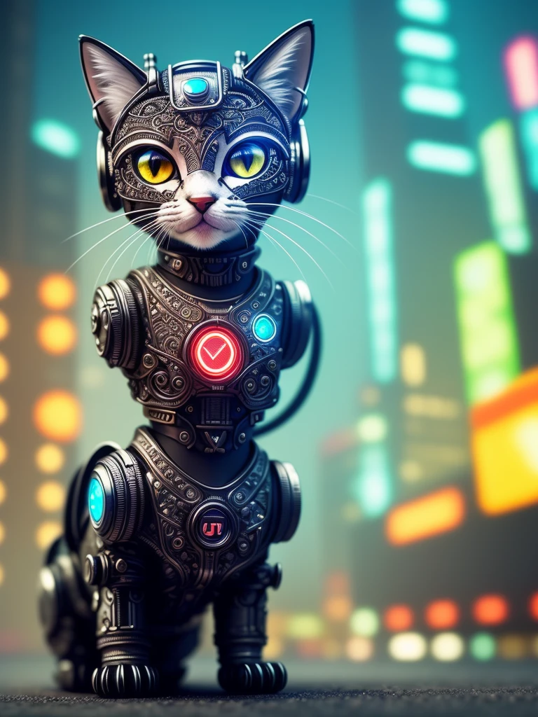 a cute kitten made out of metal, cyborg, cyberpunk style, ((intricate details)), hdr, ((intricate details, hyperdetailed)), cinematic shot, vignette