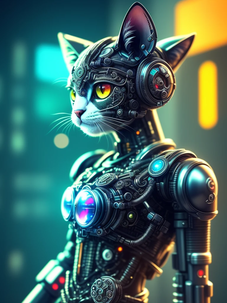 a cute kitten made out of metal, cyborg, cyberpunk style, ((intricate details)), hdr, ((intricate details, hyperdetailed)), cinematic shot, vignette