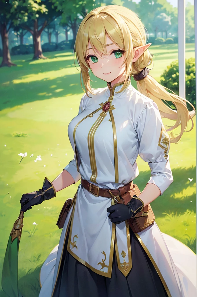 (((masterpiece; best quality: 1.2))), (finely detailed eyes: 1.3), (25 year old elf woman), (solo), (green eyes: 1.4), (body; lithe, fit, femenine: 1.3), (silky blonde hair in low ponytail: 1.3), (beautiful and clear background: 1.2), ((depth of field)), (equipment: adventurer attire + modest + long white tunic-coat + black longskirt + gloves + belt + pouches: 1.3), (anime illustration: 1.2), (background composition; royal garden: 1.1), (extremely fine and beautiful: 1.1), (shot composition; standing + centered on torso + close-up: 1.5), (expression; calm, smile: 1.2)