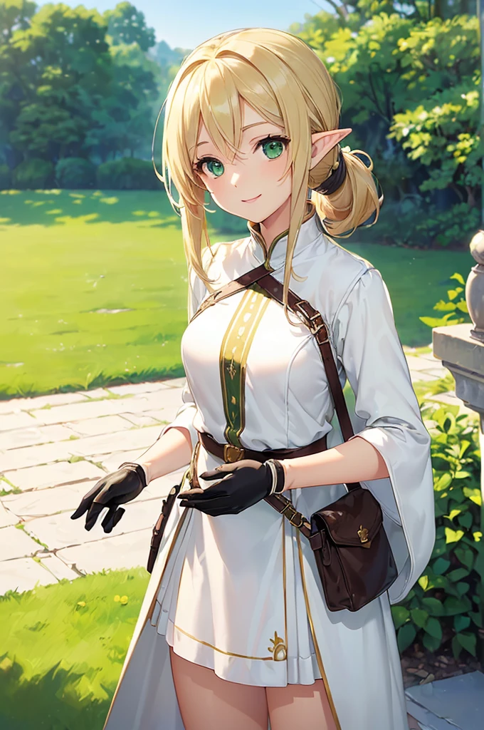 (((masterpiece; best quality: 1.2))), (finely detailed eyes: 1.3), (25 year old elf woman), (solo), (green eyes: 1.4), (body; lithe, fit, femenine: 1.3), (silky blonde hair in low ponytail: 1.3), (beautiful and clear background: 1.2), ((depth of field)), (equipment: adventurer attire + modest + long white tunic-coat + black longskirt + gloves + belt + pouches: 1.3), (anime illustration: 1.2), (background composition; royal garden: 1.1), (extremely fine and beautiful: 1.1), (shot composition; standing + centered on torso + close-up: 1.5), (expression; calm, smile: 1.2)