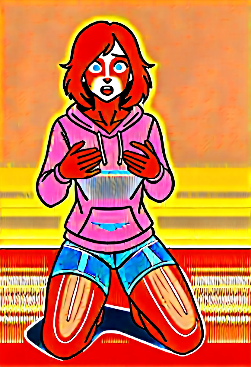 lap, looking shocked,, looking surprised, painful expression, ( female girl turning into a female kangaroo ), not too fat, digitigrade, female, clothes, breast, bust, wearing a hoodie and blue jeans , BREAK (by zackary911, by braeburned, by haps), (transformation:1.2), on knees, ripped clothes, (human face:1), longish red hair, kangaroo fur, in a school ,grabbing her breast, BREAK
