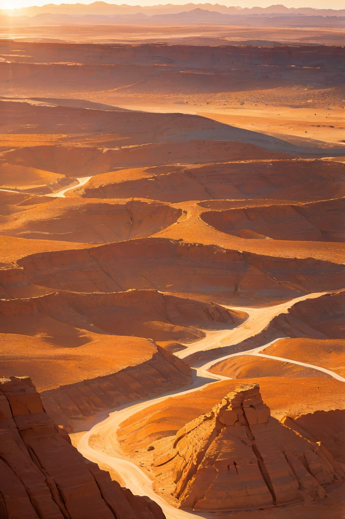A breathtaking desert landscape during the golden hour, with the setting sun casting a warm, soft light over iconic sandstone buttes and mesas. The vast desert floor is crisscrossed by a dirt road, leading the eye towards the horizon.