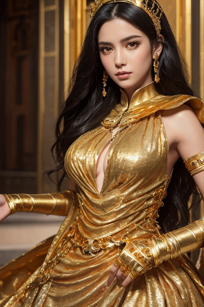 black hair, Surrealism, 8k, super detail, UHD, masterpiece, ccurate, anatomically correct, textured skin, super detail, high details, high quality, best quality, 8k,Beautiful woman,(golden dress:1.5),Glittering costumes,Princess,western castle