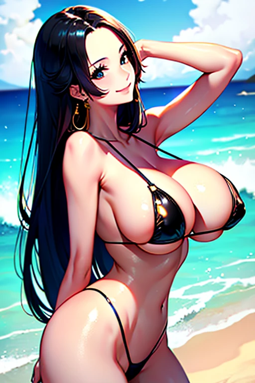 high resolution、High resolution、masterpiece、Highest quality、8K、good, ((Big Breasts、whole body)), smile, Micro Bikini, Shiny Hair, Shiny skin, Big Breasts 、Beach、Ocean、Long black hair