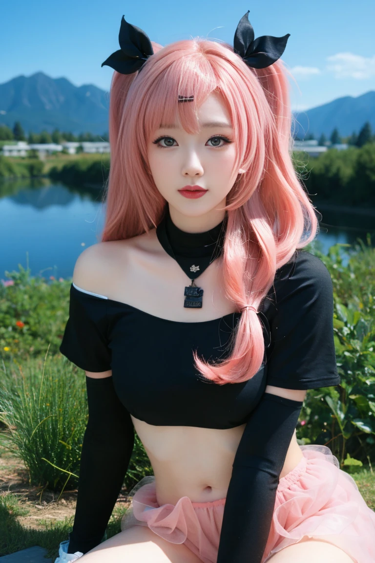 best quality, tmasterpiece,Ultra-high resolution,Clear face,(Reality:1.4),ferpect lighting,(upper body), (photorealistic:1.50), anime wallpaper, Guviz style artwork, cover-up fantasy up to magic , by Yang J, Guviz, beautiful artwork illustration, beautiful digital artwork, beautiful digital illustration, Li Song, beautiful anime portrait, art style in Beauvot, 1girl, 独奏,cosplay, looking at the audience,
long hair, (pink hair:1.5),(twintails ),(hair ribbon), blue eyes,
Outdoor, grassland, park, Garden, (sitting:1.5), night sky, (looking at viwer:1.3),
