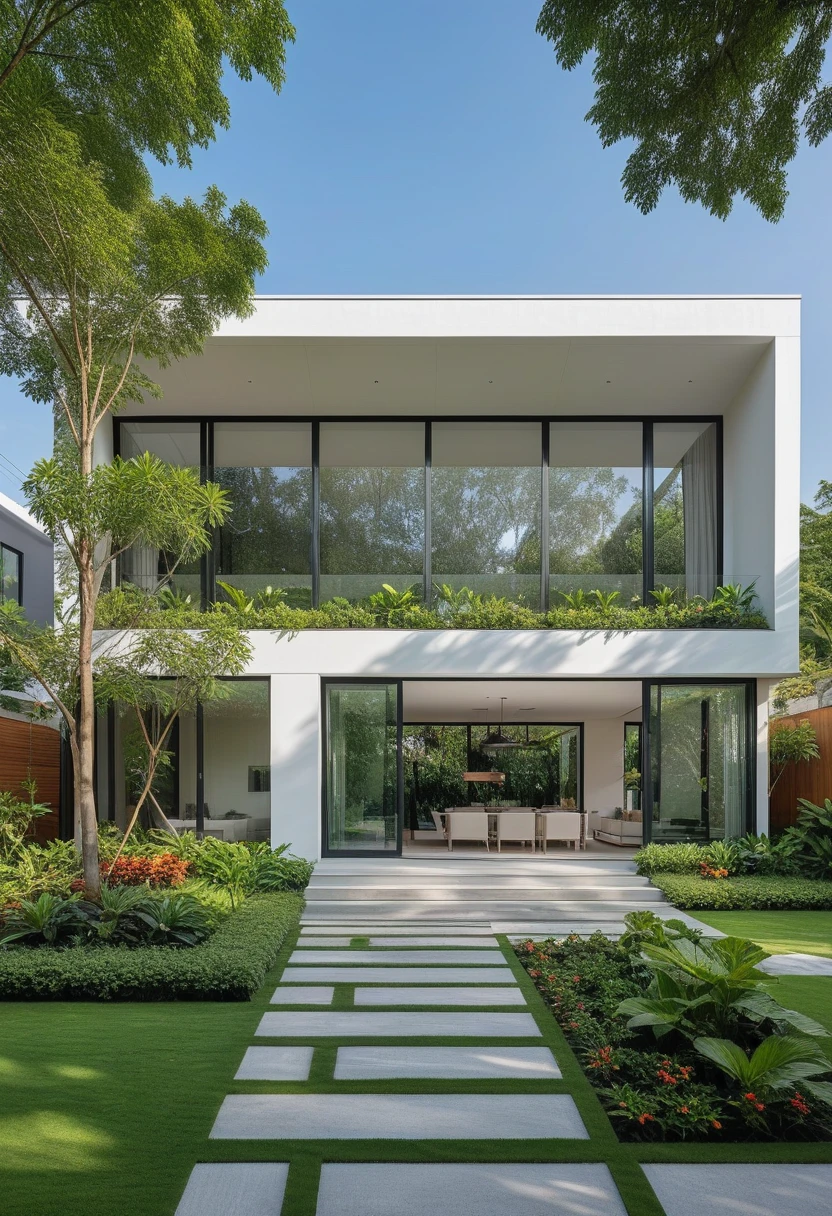 A hyper-realistic image of a modern two-story house with a minimalist design, featuring a combination of white and glass materials. The house has a flat roof, large floor-to-ceiling glass windows, and a spacious front yard. The entrance is flanked by lush greenery and well-maintained garden paths with concrete pavers and grass. The garden includes various tropical plants and trees. The overall ambiance is serene and contemporary, with detailed textures and realistic lighting, shadows, and reflections. The colors are bright and clean, showcasing the beauty of the materials and the surrounding garden environment. The lighting gives a vibrant midday feel.
