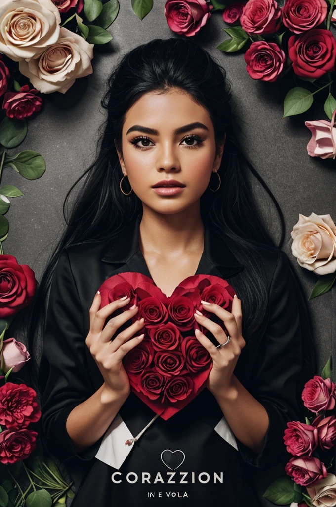 Create an album cover called corazón black vol. 2 where there is a realistic black heart and flowers come out of it