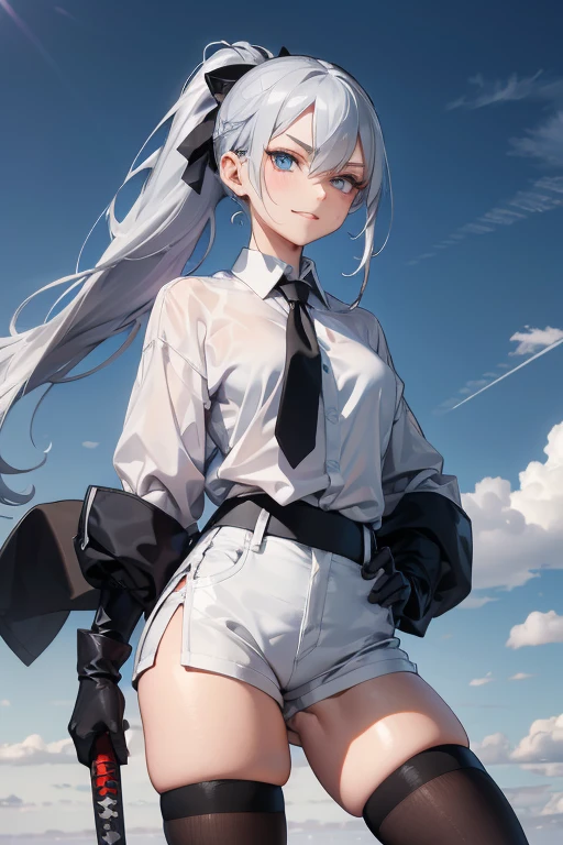 Adult features tall Light blue eyes Gray Hair ponytail Slit eyes laugh at Glare frivolous attitude Evil Face White shirt Black hot pants Black long gloves Black knee socks grassland Place your right hand on your hip Carrying a Japan sword on your shoulder looking at the camera