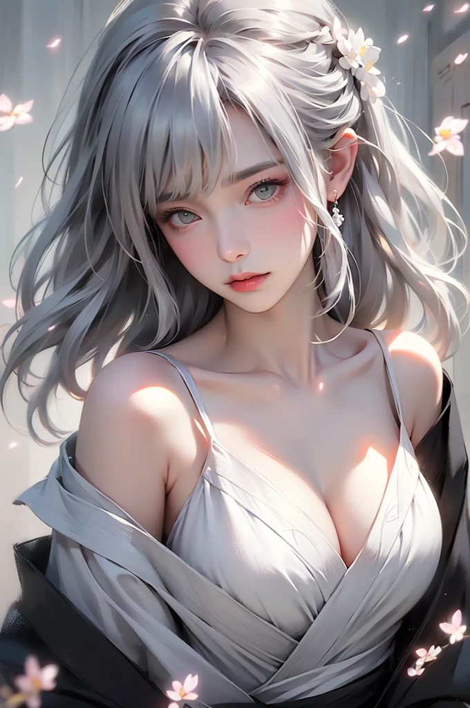 super high quality, masterpiece, Perfect illustration, Very detailed (Exquisite light and shadow, Very dramatic photo,Backlight) , ((Gray Hair:1.5))1 Girl,(( alone:1.6)), (Wearing Japanese clothes, Black and white kimono,Monotony,Long sleeve) Flower Field, Flowers, (White smoke:1.3) (Realistic:1.4), Zen Intertwining, Tangled, Official Art, unity 8k wallpaper, Very detailed, Beautiful and beautiful, masterpiece, Highest quality, (Dynamic Angle: 1.4), Glowing Skin, (Floating colorful flashes: 1) The most beautiful chaotic shapes, elegant, Brutalist Design, Bright colors, Romantic Depth of Field Exotic_dance, half_naked、Expose your shoulders、Ample breasts、Great cleavage、(from forward)