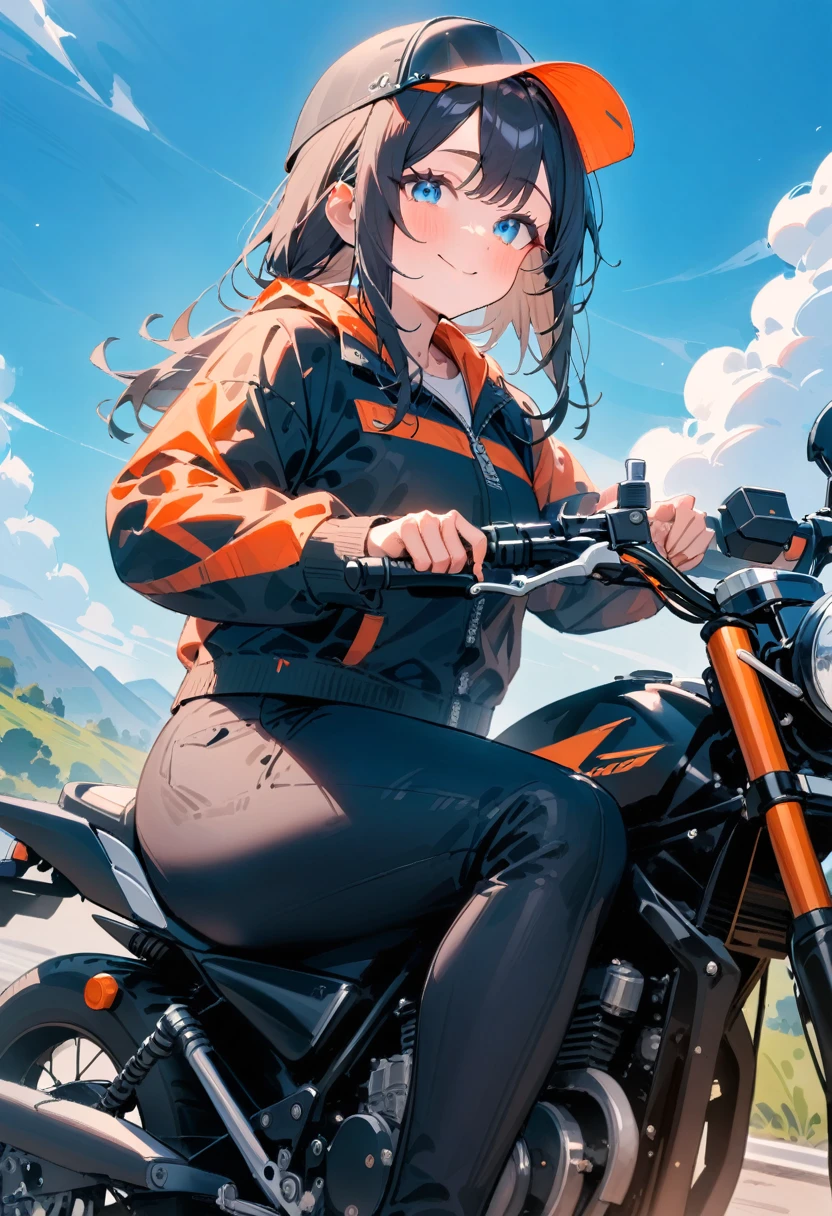 masterpiece, best quality, very aesthetic, absurdres, newest, 1girl, solo, asymmetrical bangs, tareme, long hair, looking at viewer, smile, blue eyes, shirt, black hair, long sleeves, closed mouth, jacket, sidelocks, outdoors, sky, day, pants, cloud, blue sky, black pants, helmet, ground vehicle, motor vehicle, multicolored clothes, zipper, motorcycle, multicolored jacket