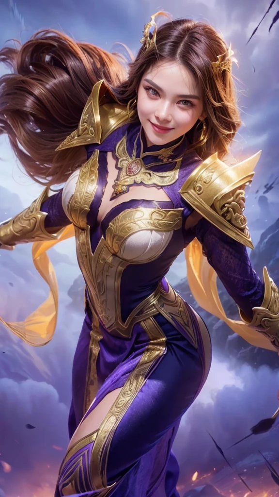 a woman in a purple and gold outfit holding a sword, portrait of modern darna, female protagonist, smile, detailed facial features, high definition, realistic, cinematic lighting, dramatic pose, dynamic action, fantasy, digital art, concept art, 8k, detailed ornate dress, flowing fabrics, intense gaze, powerful presence, dynamic composition, dramatic lighting, atmospheric background