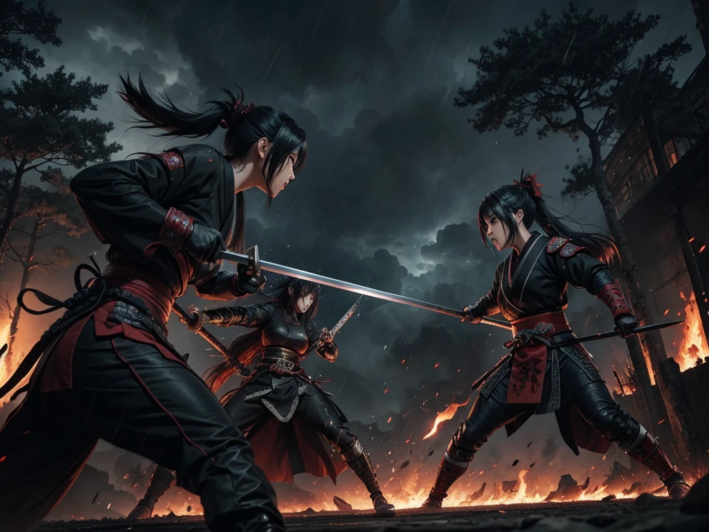 Anime Female  muscular samurai
fight scene with massive monster
 dark  fire burning buildings 
black and grey dark 
blood slashing  bleeding 
fire sword
lightning rain
woods trees 