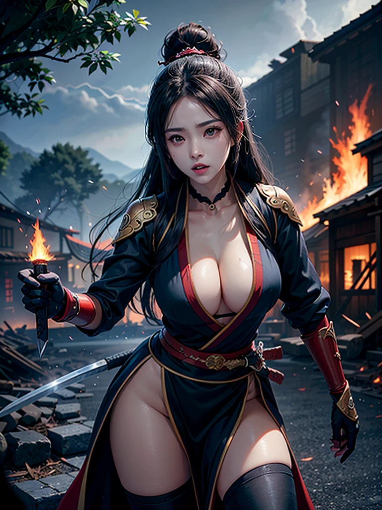 Anime Female muscular samurai
fight scene with massive monster
dark fire burning buildings
black and grey dark
blood slashing bleeding
fire sword
lightning rain
woods trees