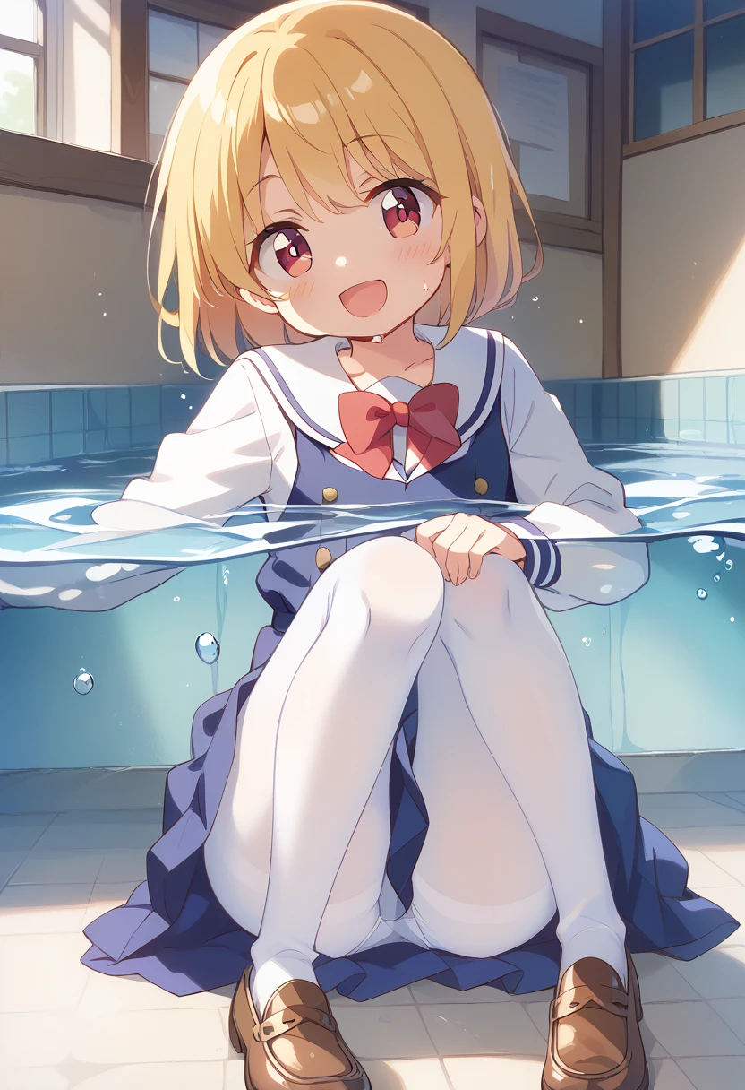 score_9, score_8_up, score_7_up, source_アニメ, masterpiece, 1girl, work, school uniform, blue dress, sailor dress, pinafore dress, white sailor collar,white shirt, red bowtie, long sleeves, flat chest, white pantyhose, loafers, White socks、cowboy shot, looking at viewer, indoors, open mouth, shiny hair, smile, Open your mouth, cuteポーズ, (Completely flooded)、Immersed in water、Transparent pool, Water Play, Primary school students、Skirt fully open、Long wide skirt、cute、blush、Watery eye、Lots of water、Wet、((The skirt spreads over the water surface.))、(Drowning)、