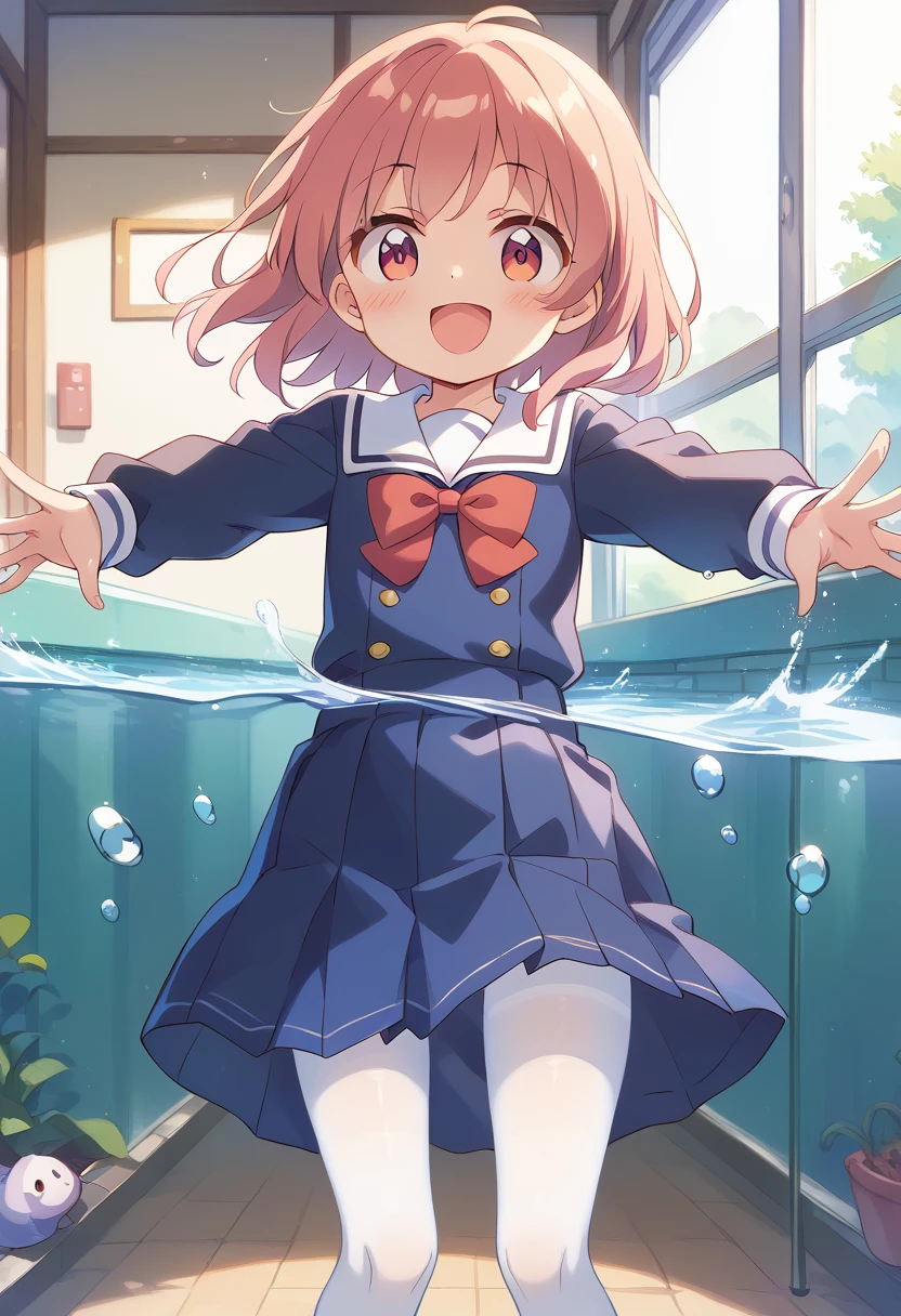 score_9, score_8_up, score_7_up, source_アニメ, masterpiece, 1girl, work, school uniform, blue dress, sailor dress, pinafore dress, white sailor collar,white shirt, red bowtie, long sleeves, flat chest, white pantyhose, loafers, White socks、cowboy shot, looking at viewer, indoors, open mouth, shiny hair, smile, Open your mouth, cuteポーズ, (Completely flooded)、Immersed in water、Transparent pool, Water Play, Primary school students、Skirt fully open、Long wide skirt、cute、blush、Watery eye、Lots of water、Wet、((The skirt spreads over the water surface.))、(Drowning)、