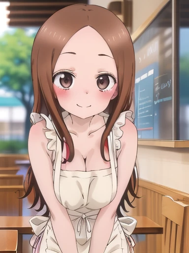 (Master Detail Anime)(masterpiece)(Shining Eyes)One Girl, alone, (Takagi san)(naked:1.3), (White apron), Large Breasts, Cleavage, Thighs, Cafe Background, (Blushing:1.2), smile