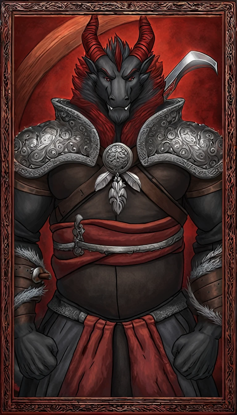 Anthropomorphic dragon boasts a "soft beefy" physique. The "soft" aspect of his physique is achieved through a meticulous distribution of muscle and fat that creates a sense of comfort and approachability. skin is a rich, deep black, with a subtle shimmer that hints at his hidden nobility. His eyes are a piercing shade of Imperial red, framed by thick eyebrows that arch over them in a constant state of curiosity. His attire, a black gambeson padded overcoat vestment with striking red salmon accents and intricate silver metal ornaments, is both functional and symbolic. The gambeson, a padded garment, is tailored to allow for a full range of motion, emphasizing his agility despite his size. The armor's design is meticulously crafted, with each detail serving a purpose. The imperial red accents trace the contours of his muscles, highlighting his physical power and determination. The silver metal ornaments are strategically placed to protect vital areas while also enhancing his aesthetic appeal. Leox's fur is predominantly black with salmon red-colored highlights. The fur on his torso and limbs is dense yet well-managed, giving him a sleek and powerful look. His chest hair is kept at a moderate length, framing his broad pectoral muscles. Large axe like fangs. Wield a slashing blade in a rapier-like's hilt. Fast Strike action pose. Ox Guard Stance. Taran Fiddler art Style