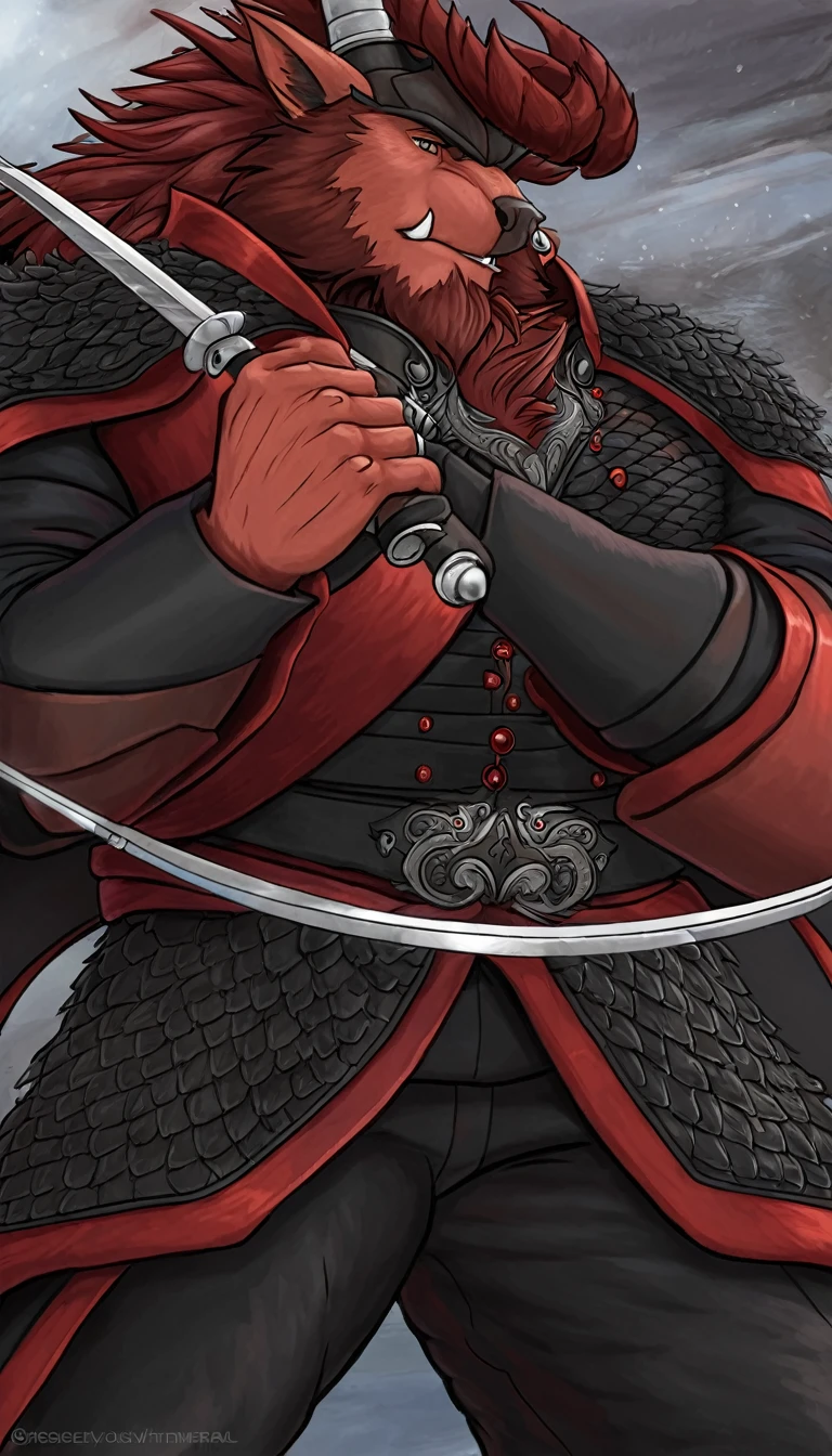 Anthropomorphic dragon boasts a "soft beefy" physique. The "soft" aspect of his physique is achieved through a meticulous distribution of muscle and fat that creates a sense of comfort and approachability. skin is a rich, deep black, with a subtle shimmer that hints at his hidden nobility. His eyes are a piercing shade of Imperial red, framed by thick eyebrows that arch over them in a constant state of curiosity. His attire, a black gambeson padded overcoat vestment with striking red salmon accents and intricate silver metal ornaments, is both functional and symbolic. The gambeson, a padded garment, is tailored to allow for a full range of motion, emphasizing his agility despite his size. The armor's design is meticulously crafted, with each detail serving a purpose. The imperial red accents trace the contours of his muscles, highlighting his physical power and determination. The silver metal ornaments are strategically placed to protect vital areas while also enhancing his aesthetic appeal. Leox's fur is predominantly black with salmon red-colored highlights. The fur on his torso and limbs is dense yet well-managed, giving him a sleek and powerful look. His chest hair is kept at a moderate length, framing his broad pectoral muscles. Large axe like fangs. Wield a slashing blade in a rapier-like's hilt. Fast Strike action pose. Ox Guard Stance. Taran Fiddler art Style