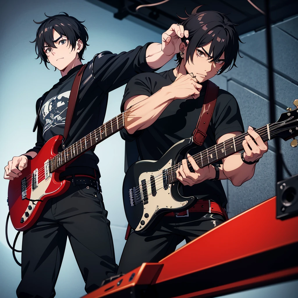 1 men, with scars on arms, alternative style, leather jacket, a rock band t-shirt, waist belt, black pants, piercings, all star, red guitar and shoulder-length black hair.