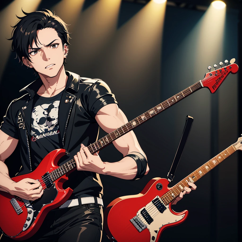 Ultra detailed, Highres, absurdres, HDR, master piece, Ryoumen Sukuna, pink hair, expressive red eyes, Jujutsu Kaisen, sexy man holding a black guitar, solo, rocker, black rocker clothes with trimmings, red petals, glittering, black gloves, red flowers, sensual, fantasy, rocker stage, concert, horny, erotic, toned chest, manly man, handsome smile, visual kei, black pants