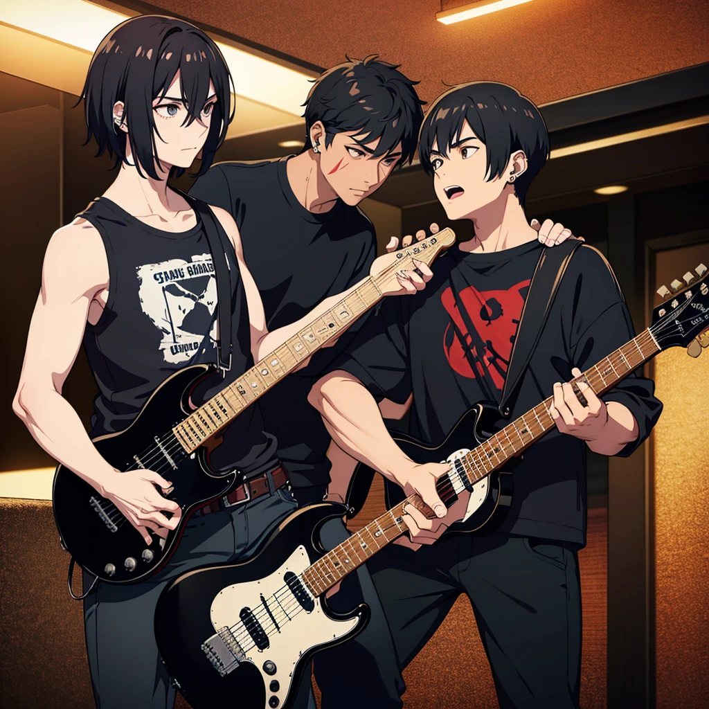 1 men, with scars on arms, alternative style, leather jacket, a rock band t-shirt, waist belt, black pants, piercings, all star, red guitar and shoulder-length black hair.
