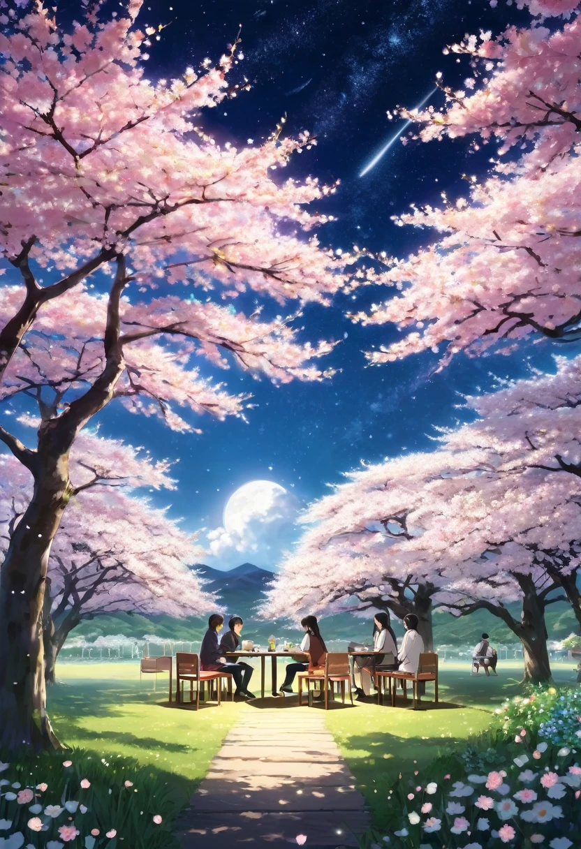 wood、Grass、Surrounded by flowers。 大peopleや子供が勉強をしている people々are smiling happily and talking There is a long desk There is a chair An open-air cafe in the middle of nature The sunlight pours in The is studying Adults are working 大peopleと子供が話をしている 大peopleと子供は笑顔 子供は16歳の男の子2peopleと女の子2people 20歳の男性と女性3peopleずついる 40歳の女性が2peopleいる 30歳の男性が3peopleいる Many gerbera flowers in bloom 多くのpeopleが座ってリラックスしている 大きな桜のwoodがある Cherry blossoms are blooming April night You can see the starry sky Thousands of stars are shining You can see the Milky Way people々is gazing at the starry sky Romantic atmosphere