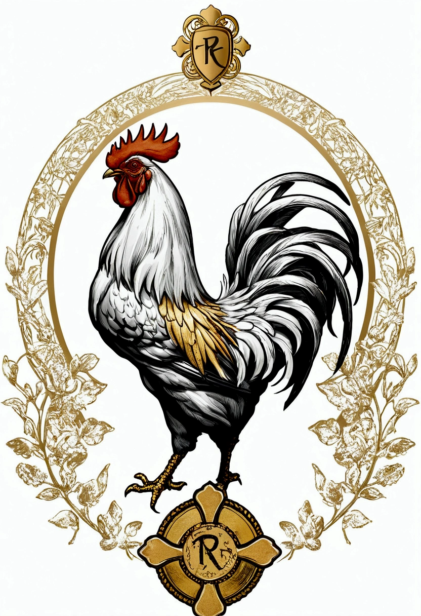 Type logo with photograph of aseel rooster fighting match "The rosary" in white with gold
