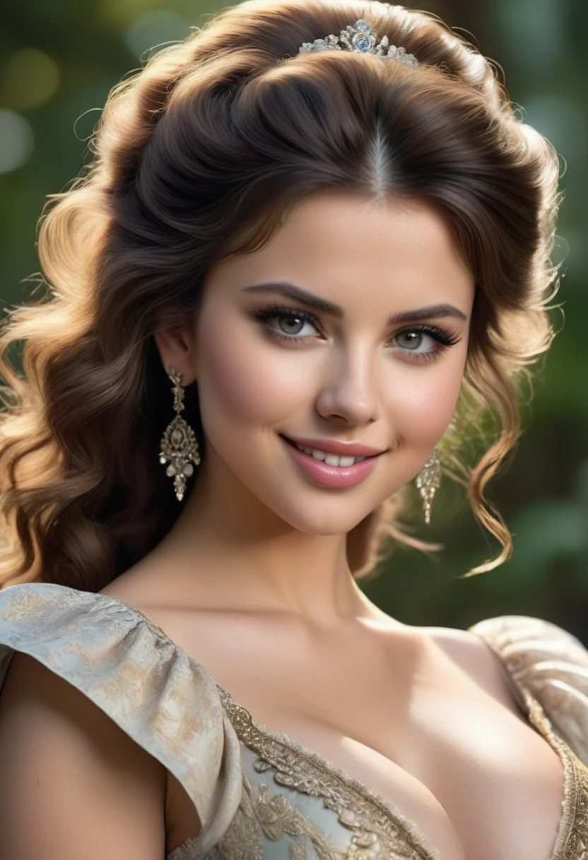 A beautiful aristocratic woman with a large, elegant, hawk-like nose, embodying old-fashioned class. She wears an under-shoulder dress made entirely  fluffy animal fur. The woman exudes sophistication and elegance, as well as wholesome, natural beauty. She has a curvy figure with a thin waist and wide, swaying hips. Imagine Alison Brie, Scarlett Johansson, and Selena Gomez. The woman is dressed in an opulent, Victorian dress. She has a wide smile, detailed and wide eyes, and is striking a sexy pose. The scene is in Ultra HD, with Rococo-inspired fantasy art featuring intricate details. Her dress is cute, and she has a charming expression and an alluring gaze, looking at the viewer with beautiful eyes. She has an ideal figure with large, youthful, well-shaped breasts and an attractive ass showcased. The décolletage highlights her massive, round ?????. Her slim waist and fit body complement her full lips. The setting features warm lights, placing the woman in a dreamy forest at night, with fluffy hair and a delicate face. The image is realistic and photorealistic, with large aperture, sexy shots, and attractive poses. The symmetrical face, photorealistic photography, path tracing, specular lighting, and volumetric face light enhance the details. The scene is captured in maximum quality, masterpiece, 8K high resolution, and top quality.
