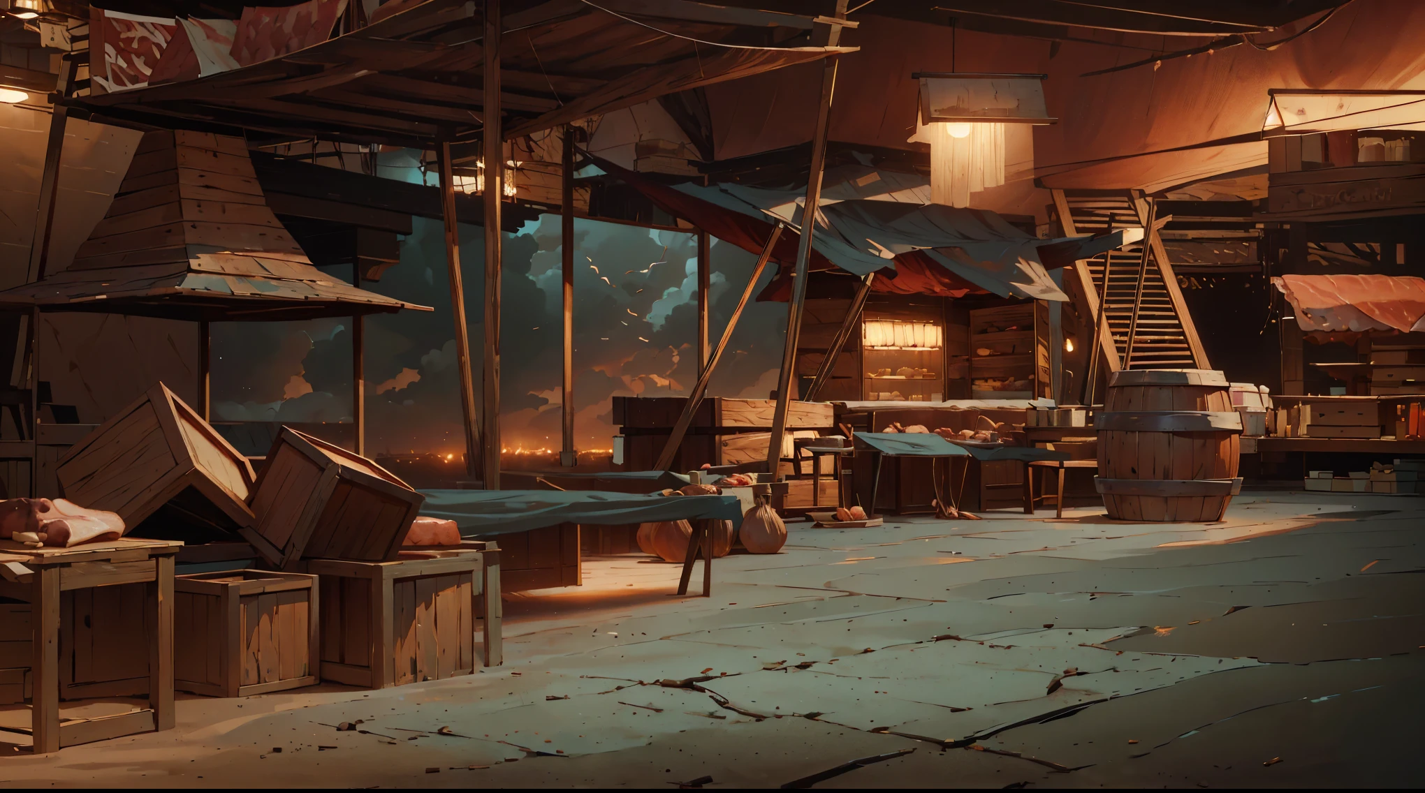 (masterpiece:1.2), (best quality,:1.2), 8k, HDR, ultra detailed, traditional meat market, sand ground, butchery, stilt wooden house, wooden wall, market tents, canopy, market stall, hanging wires, (selling weird foods, odd plants in the wooden boxes, hanged meat in butchery, animal bones, monster meats on the table, goods on the shelf), wooden boxes, wooden barrel, lamp, display case, cloudy daybreak sky, dark morning, AnatomicTech