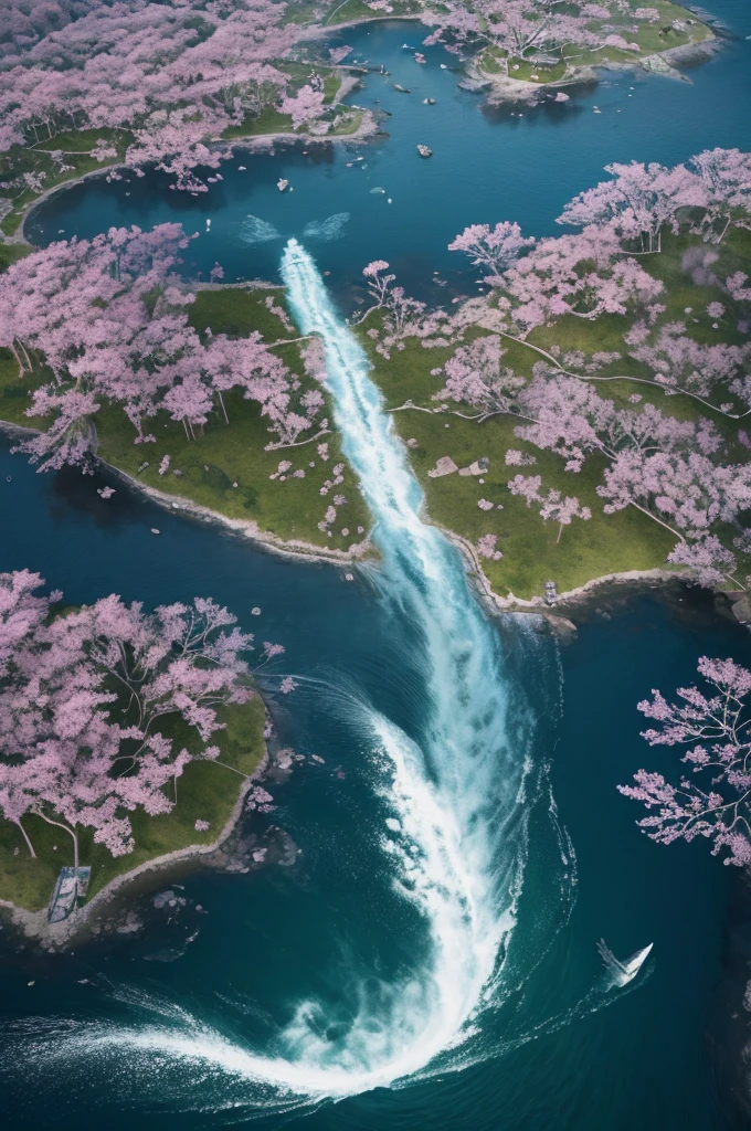 In the realm of whimsical fantasy, a majestic and translucent Whale takes to the skies, defying the very laws of nature. Its colossal form glows with a luminescent radiance, each fluid curve and wrinkle captured in exquisite detail in this high-resolution image. Cherry blossoms drift gently through the air around it, their delicate petals unfurling and cascading like rain, falling freely from the branches of ethereal trees that cling tensely to the wondrous behemoth's humongous body. The fantasy landscape that surrounds this aerial spectacle is alive with vibrant colors, as if illuminated by