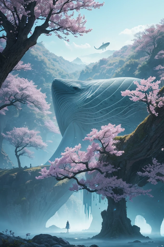 In the realm of whimsical fantasy, a majestic and translucent Whale takes to the skies, defying the very laws of nature. Its colossal form glows with a luminescent radiance, each fluid curve and wrinkle captured in exquisite detail in this high-resolution image. Cherry blossoms drift gently through the air around it, their delicate petals unfurling and cascading like rain, falling freely from the branches of ethereal trees that cling tensely to the wondrous behemoth's humongous body. The fantasy landscape that surrounds this aerial spectacle is alive with vibrant colors, as if illuminated by