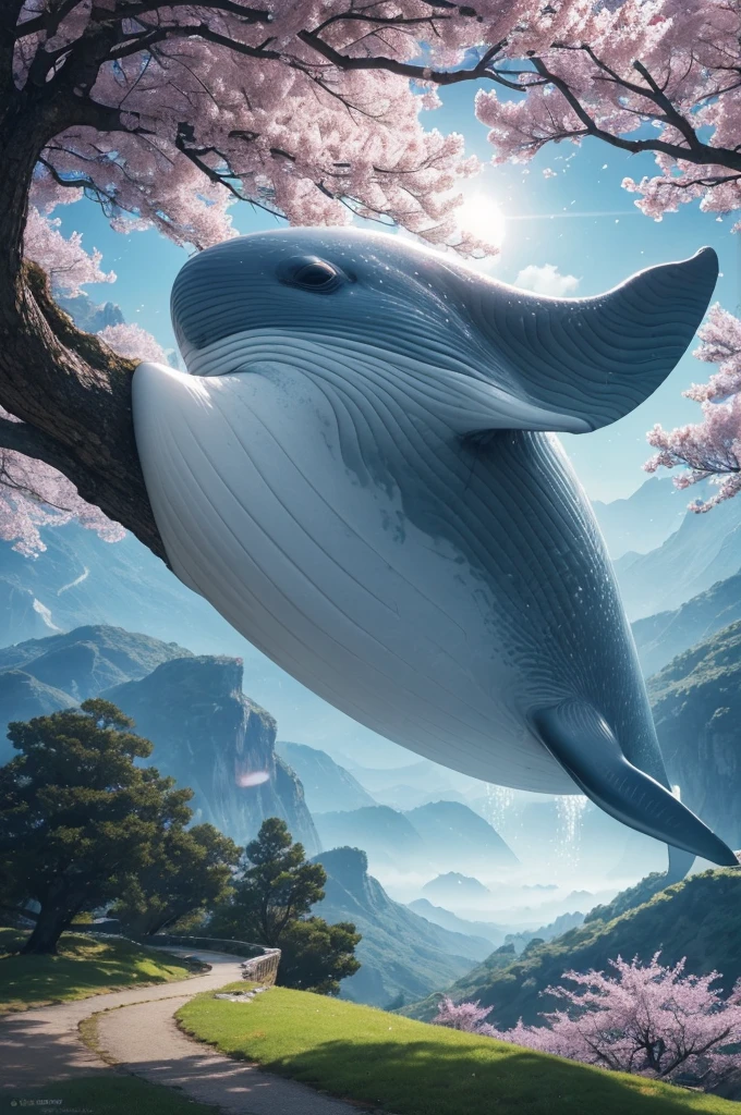 In the realm of whimsical fantasy, a majestic and translucent Whale takes to the skies, defying the very laws of nature. Its colossal form glows with a luminescent radiance, each fluid curve and wrinkle captured in exquisite detail in this high-resolution image. Cherry blossoms drift gently through the air around it, their delicate petals unfurling and cascading like rain, falling freely from the branches of ethereal trees that cling tensely to the wondrous behemoth's humongous body. The fantasy landscape that surrounds this aerial spectacle is alive with vibrant colors, as if illuminated by
