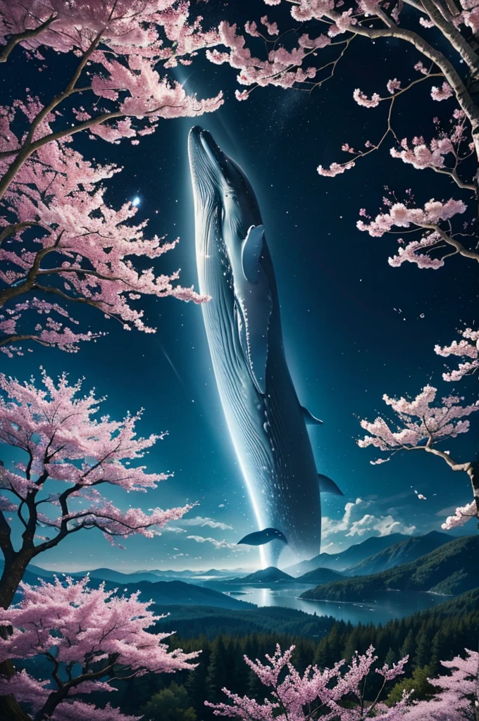 In the realm of whimsical fantasy, a majestic and translucent Whale takes to the skies, defying the very laws of nature. Its colossal form glows with a luminescent radiance, each fluid curve and wrinkle captured in exquisite detail in this high-resolution image. Cherry blossoms drift gently through the air around it, their delicate petals unfurling and cascading like rain, falling freely from the branches of ethereal trees that cling tensely to the wondrous behemoth's humongous body. The fantasy landscape that surrounds this aerial spectacle is alive with vibrant colors, as if illuminated by
