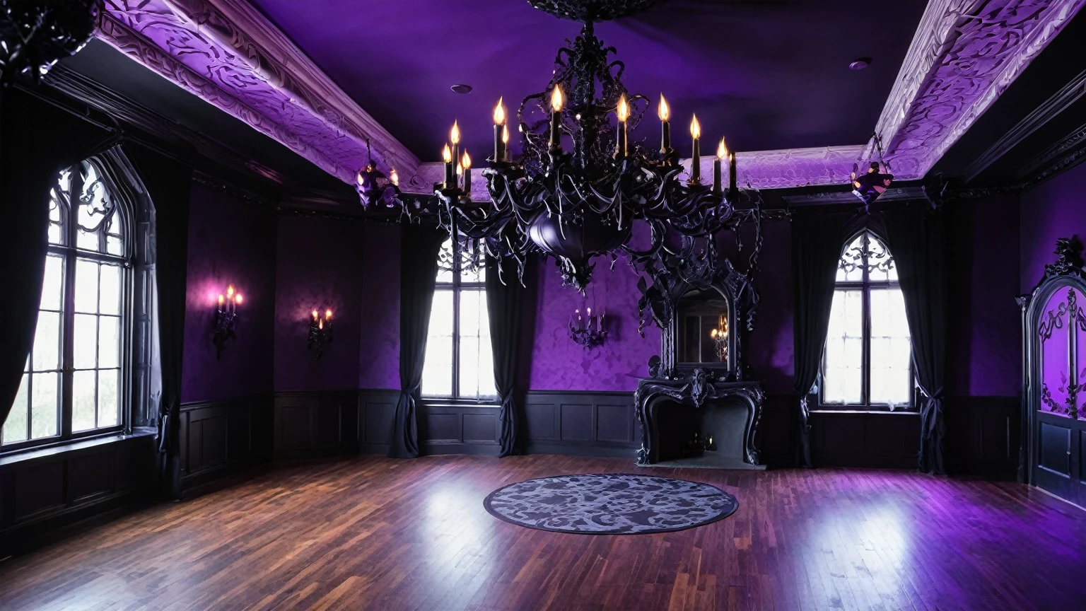 interior of a gothic themed traditional ballroom with purple & black walls, dragon décor, black chandelier, no windows, haunted house, spooky, night time, midnight, background