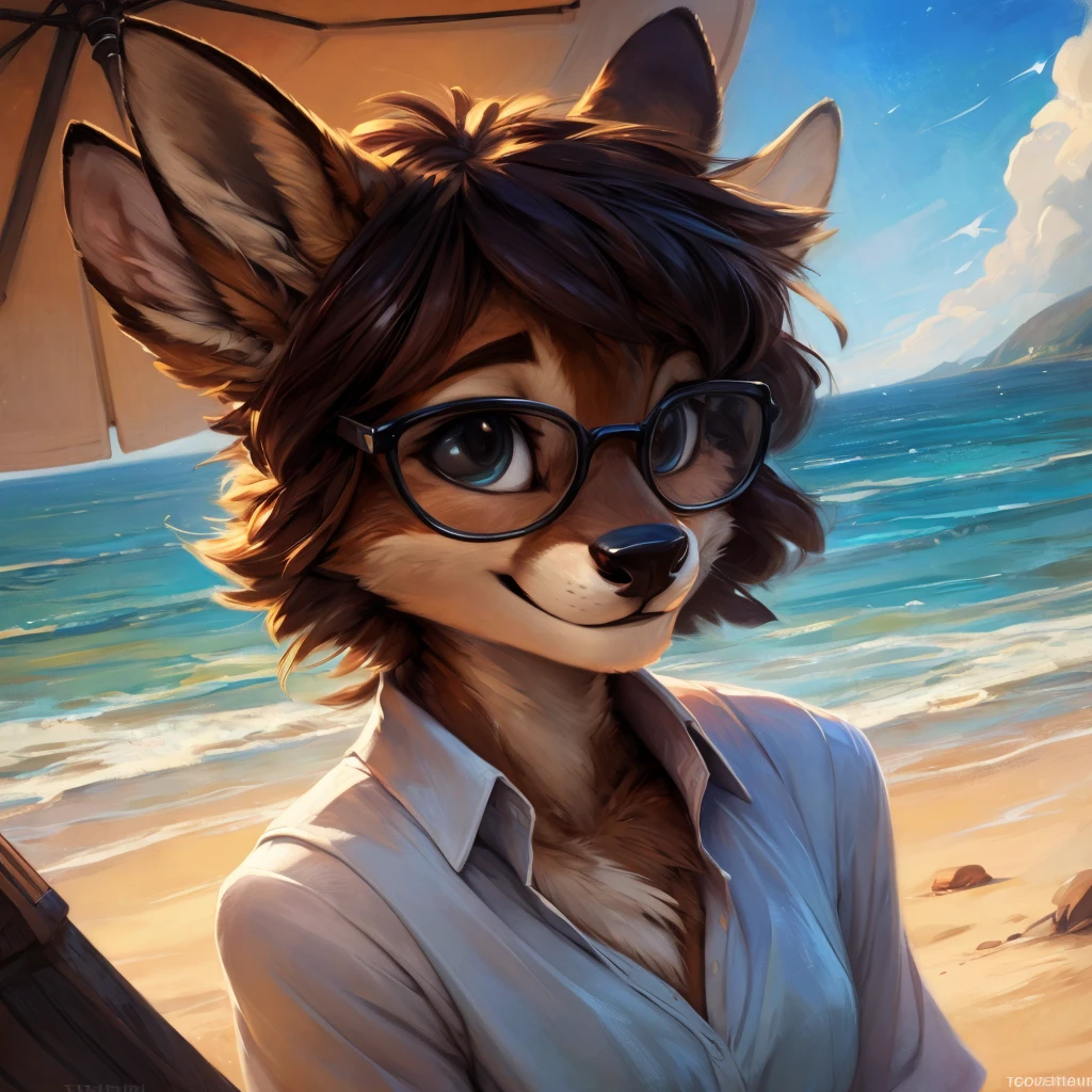 uploaded on e621, by Pixelsketcher, by Bayard Wu, by Thomas Benjamin Kennington , by Einshelm, by hioshiru and kenket, Chunie, portrait, solo anthro female deer doe, with small featureless breasts, clear dark blue, cinematic lighting, day, sunny day, beach, stays in the sea, sea background, mediterranean background, horizon background, shiny, short curly dark brown hair, wears big black nerd glasses, very very beautiful furry art, furry art, smiling, joyful, shiny, happy, feminine, cute face, muzzle, fluffy chest, flawless face, Fallow deer, 1girl, Sakimichan is beautiful, Masterpiece, Wavethesallow Face, shiny, Detailed image, portrait, Detailed image, portrait, full body, wearing wide, long, white blouse, shiny, realistic face, perfect anatomy, hourglass body, (furry body:1.1), anthropomorphic deer, small fluffy tail, detailed background, (cute anatomy:1.1), windy, smiling, very happy, happy
